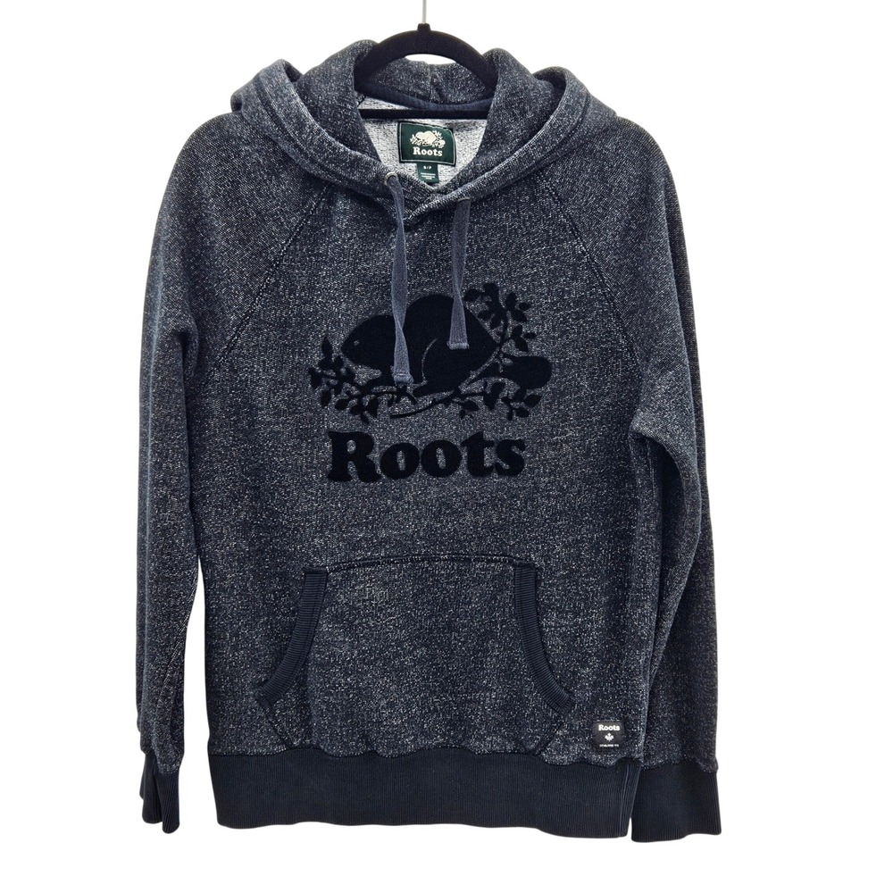 Roots Hoodie‎ Pullover Beaver Logo Black Pepper Heathered Size S/P Cotton Blend
